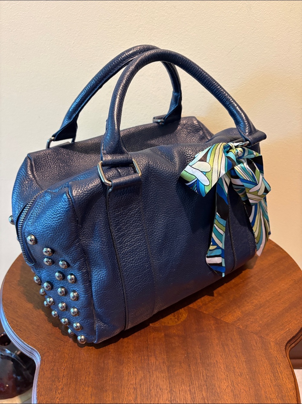 Navy Blue pebbled Leather Satchel   doctors bag  large side rivets in gunmetal